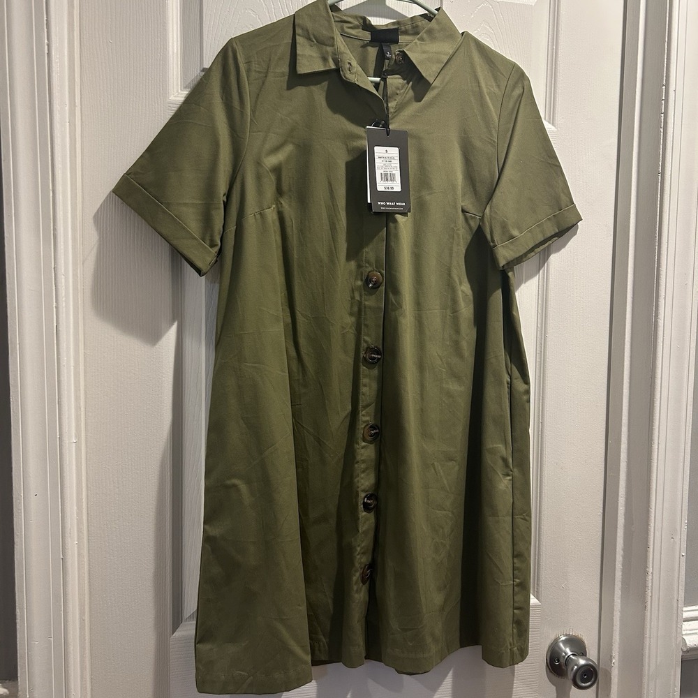 Who What Wear Women's Olive Green Button Front Shirt Dress Size Small NWT